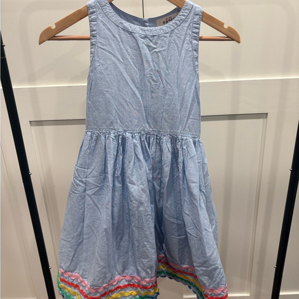 Mini Boden Light Blue Sleeveless Cotton Dress with Rainbow Hem